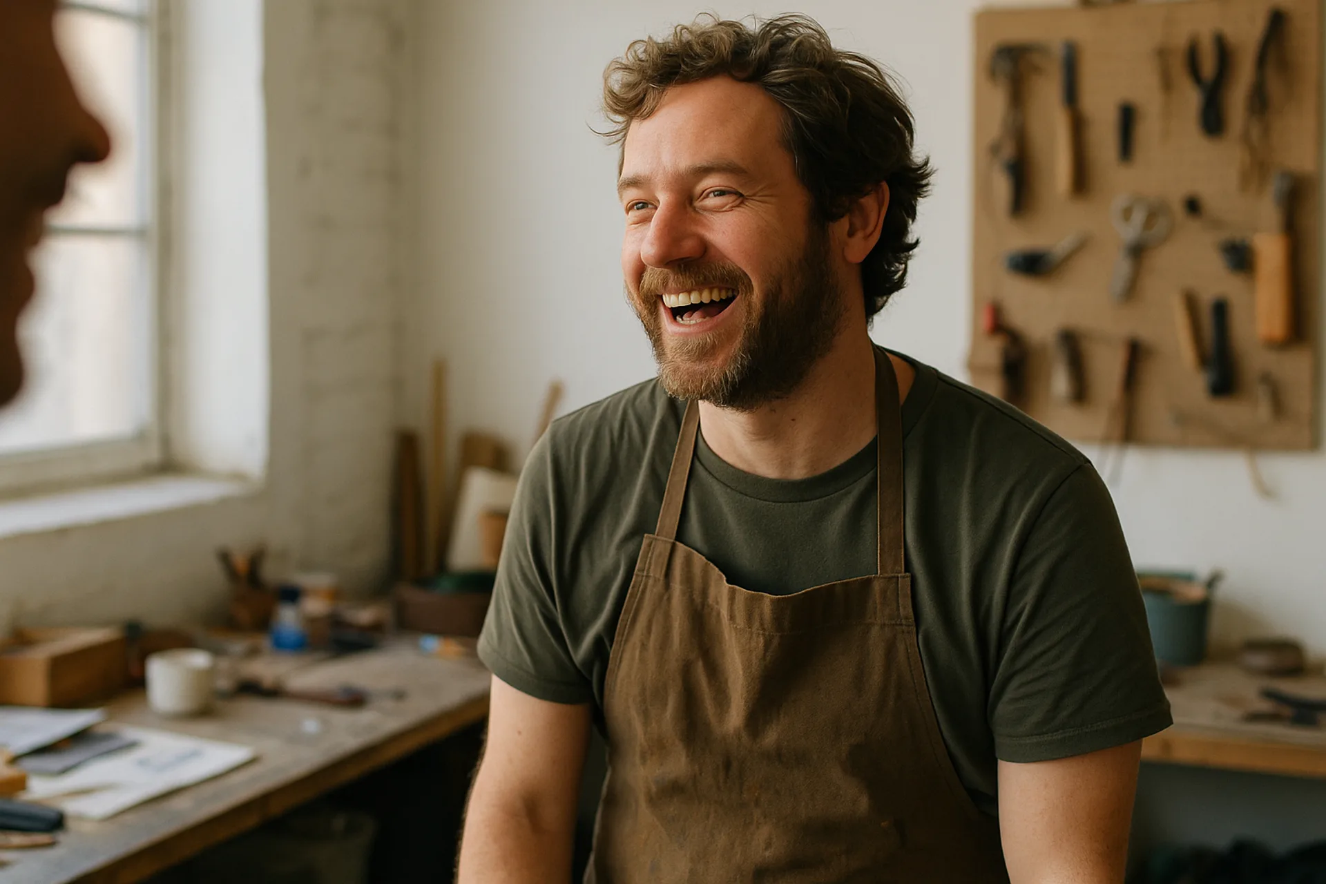Soft-focus shot of a small-business owner at a workbench, warm lighting, with an overlay card describing Cadence-your brand's rhythm.