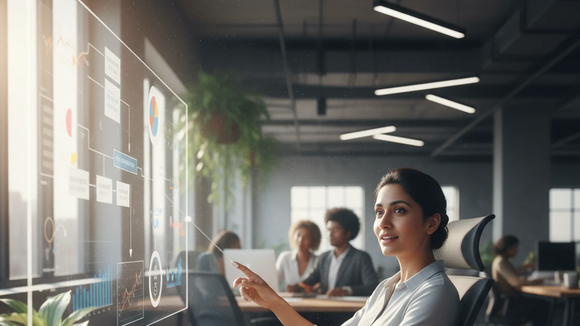 Abstract ribbons of light converging into one clear decision point on a strategist's screen